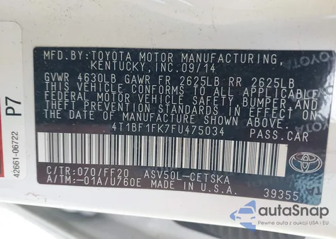 2015 Toyota Camry Se z USA, uszkodzony, nr VIN 4T1BF1FK7FU475034